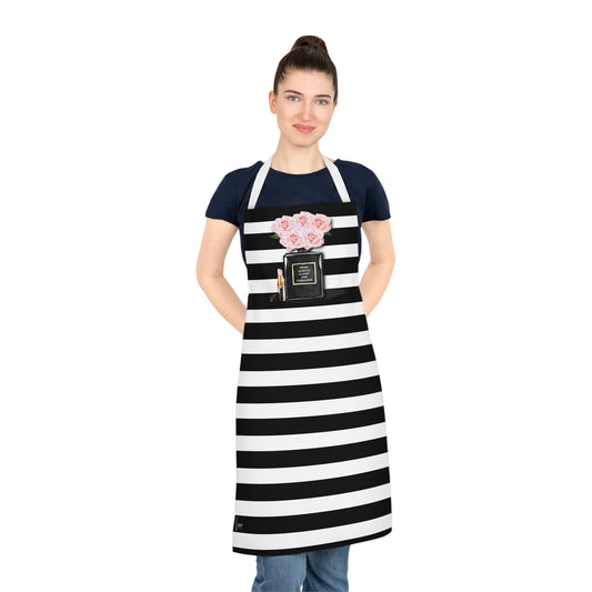 Woman wearing the Panache Personalised Stripe and Rose black and white striped apron with perfume bottle and rose print complete with personalised wording