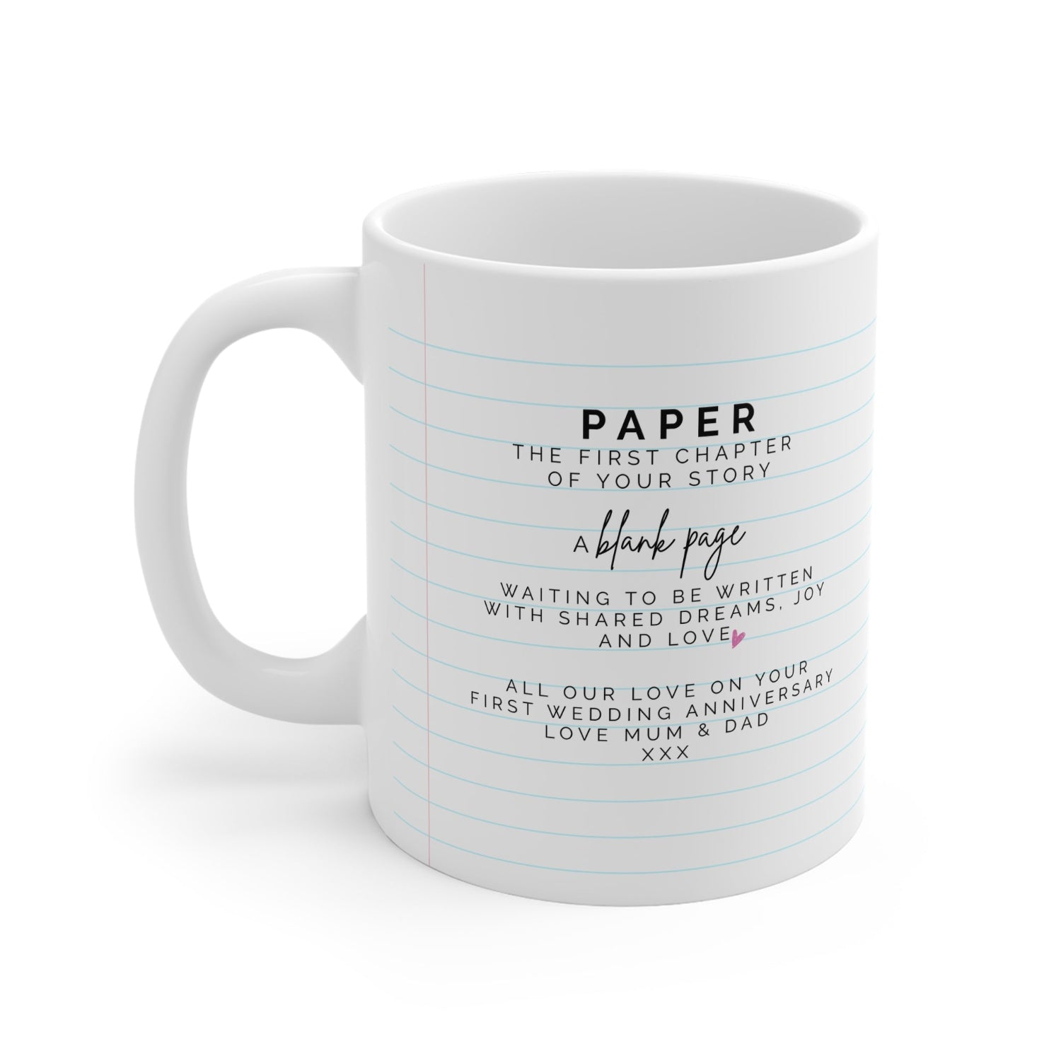 Personalised 1st Anniversary Mug - with lined paper design and pink heart