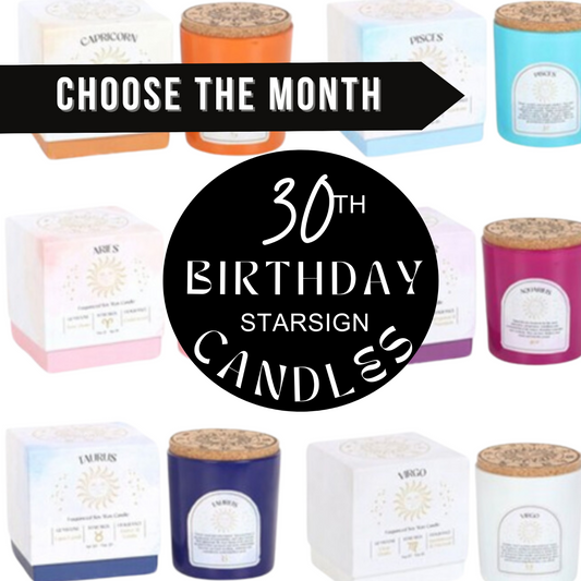 Collection of 30th birthday candles with zodiac signs on a white background