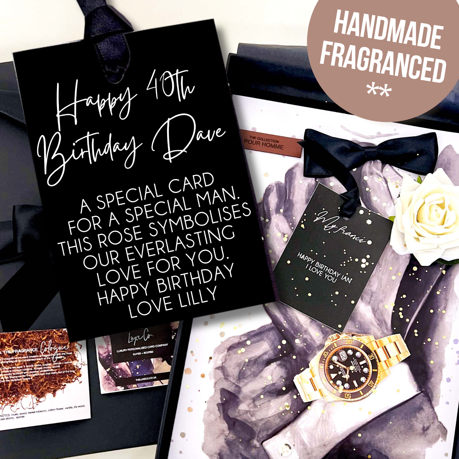 Luxury 40th card for him with personalized message, rose, and gold watch on a white background