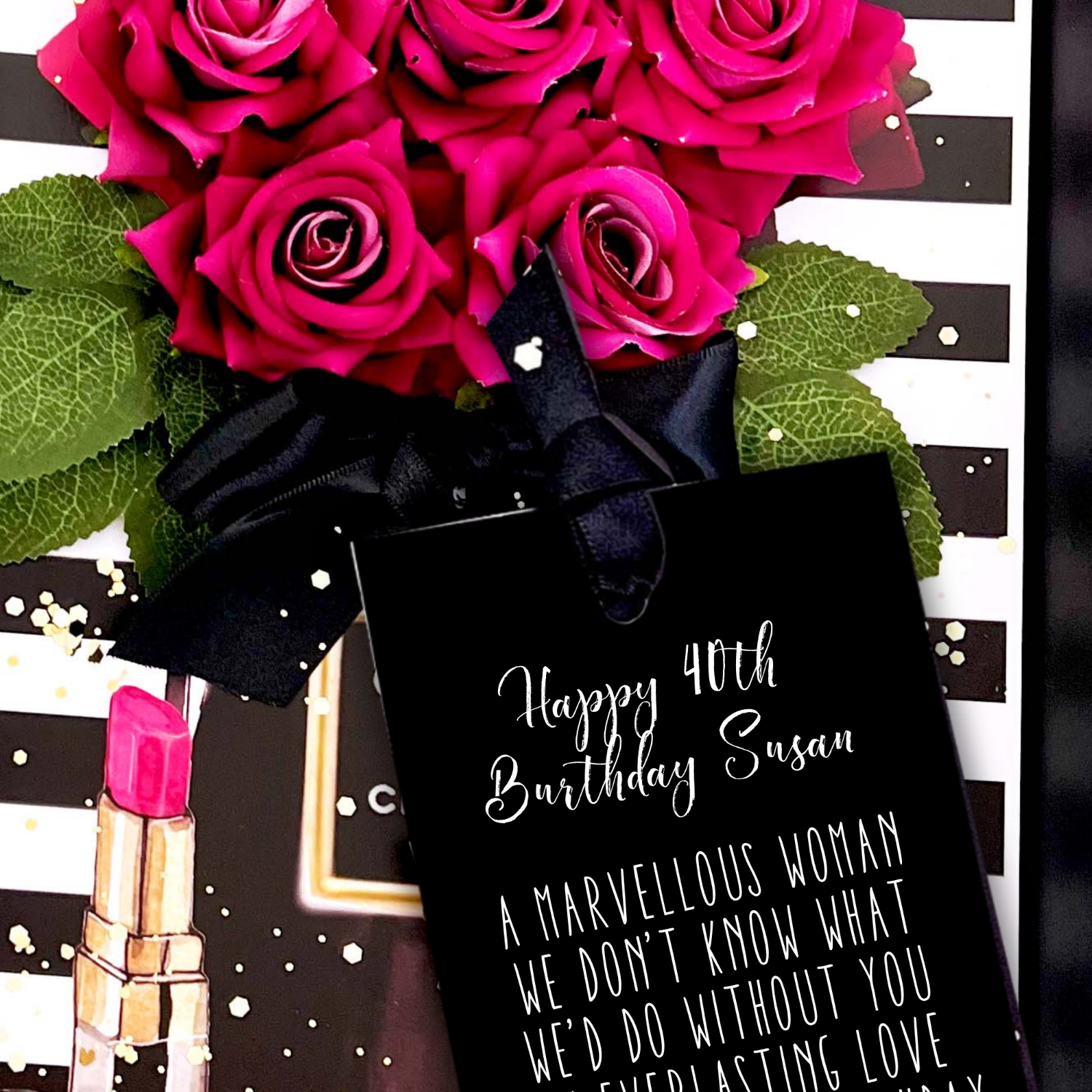 40th luxury birthday Bouquet card with 5 everlasting pink roses with a black gift bag and lipstick on a decorative background