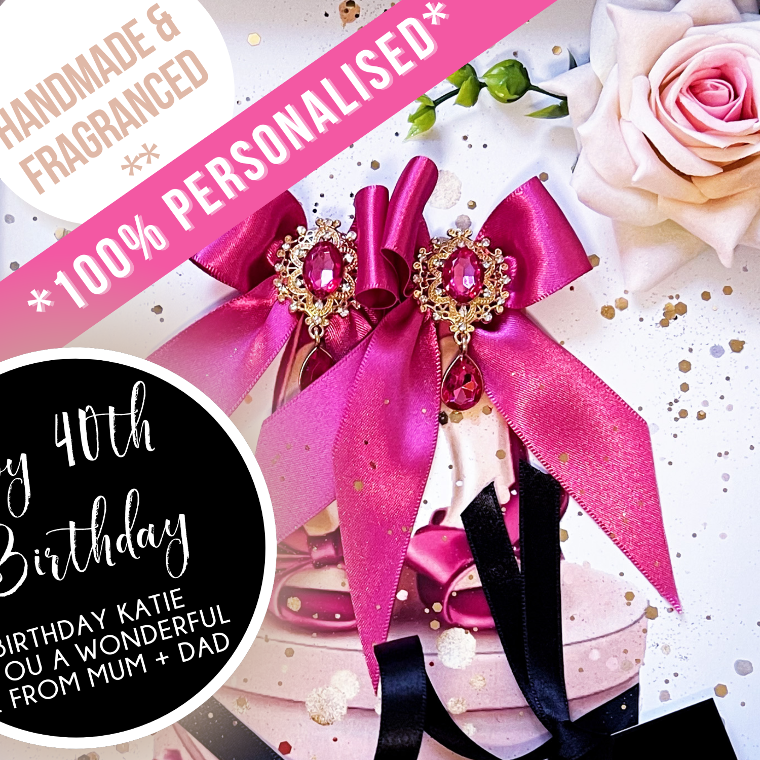 Luxury Personalized 40th Daughter card thats perfect for a special birthday gift with pink ribbons and decorative text on a white background