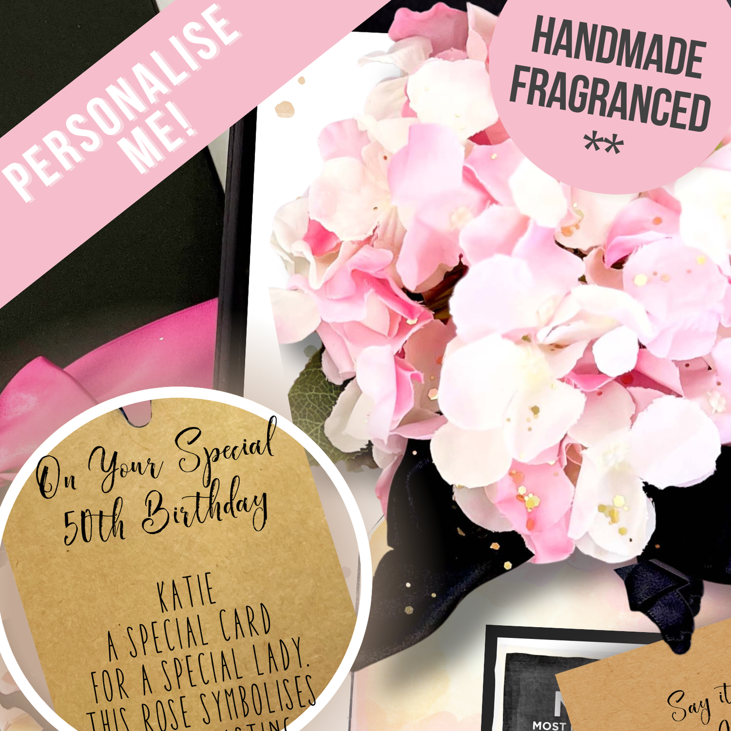 Personalised Hydrangea Large Boxed Cards A4 for 50th Birthdays and special milestone age birthdays. Shown here as personalised 50th birthday card