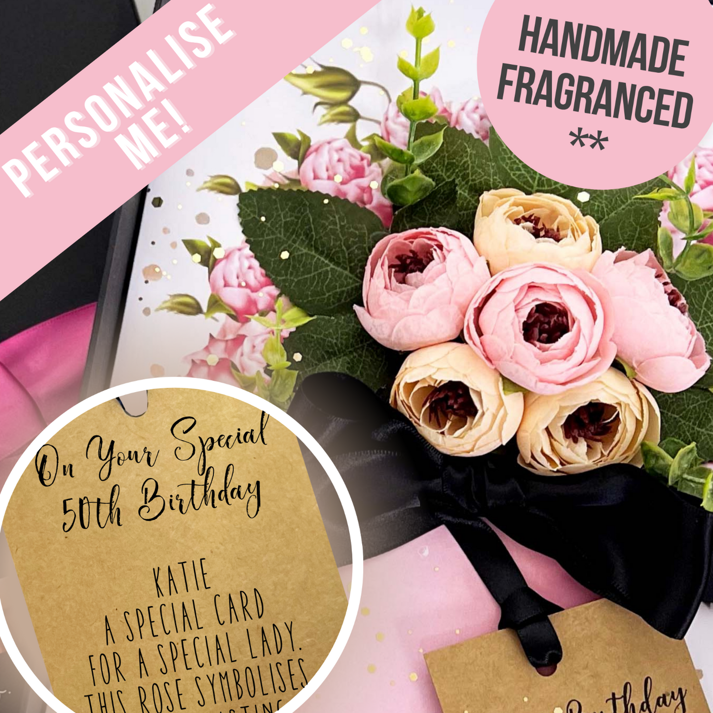 Bouquet of flowers with personalized card on a pink background
