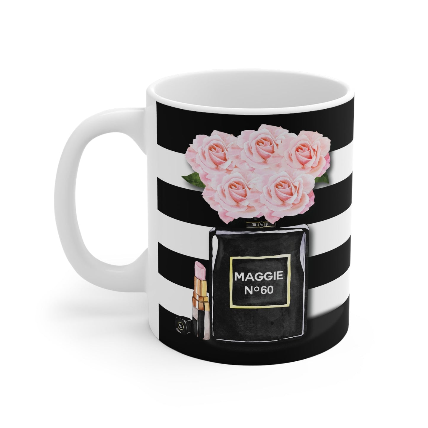 60th Birthday Mug with black and white striped design featuring pink roses and a handbag labeled 'Maggie No. 60'.
