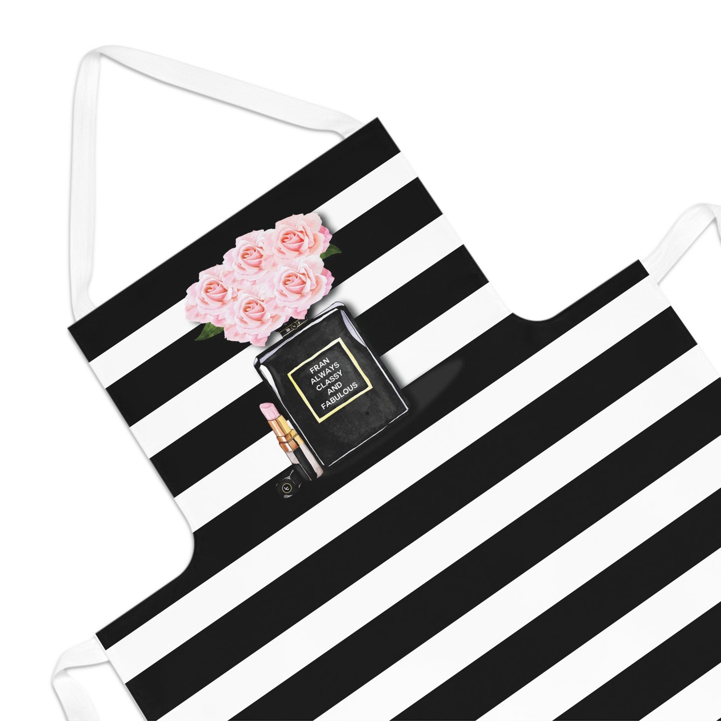 Panache Black and white striped personalised apron with a pink flower design