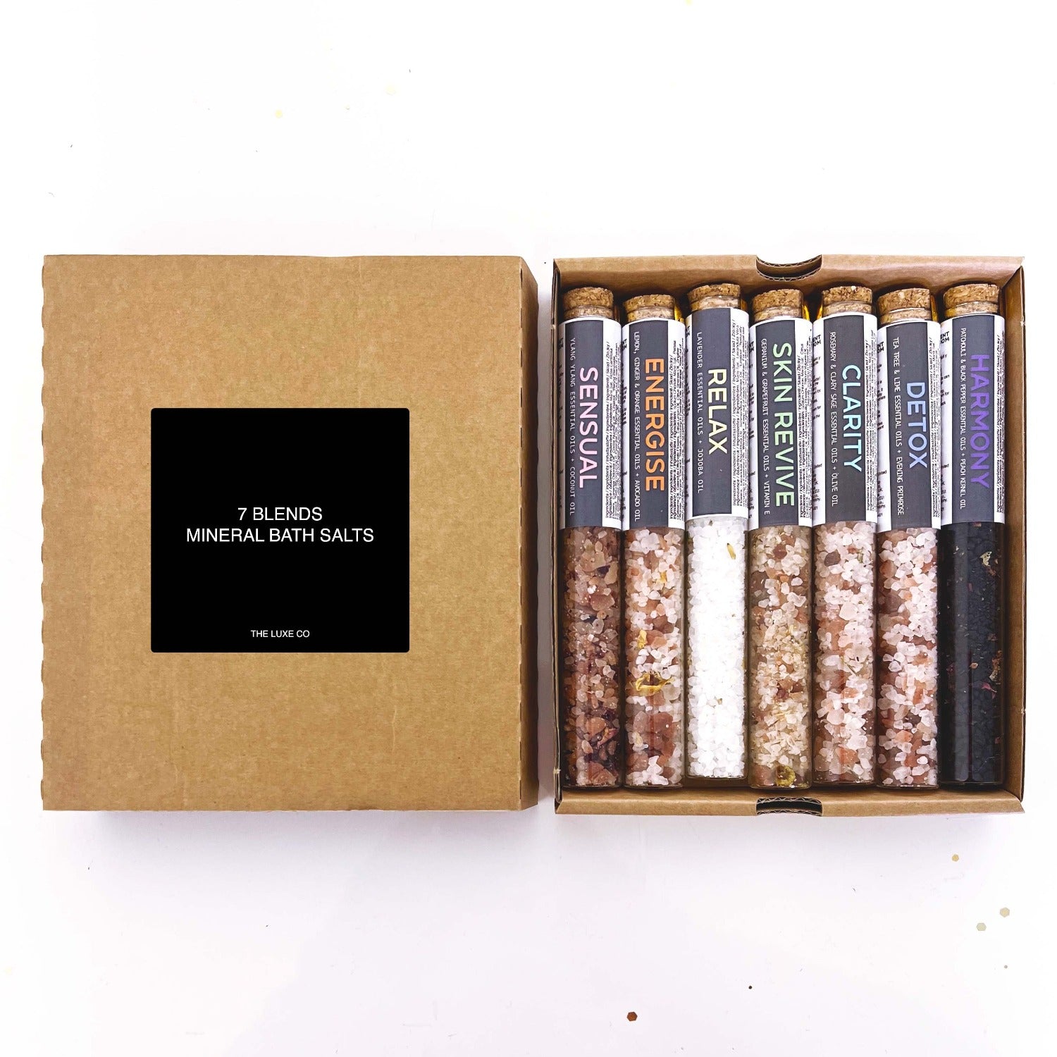 7 Blends Bath Salts Gift set - with Sensual, Relax, Harmonise, Energise, Detox, Clarity + Skin Revive Blends