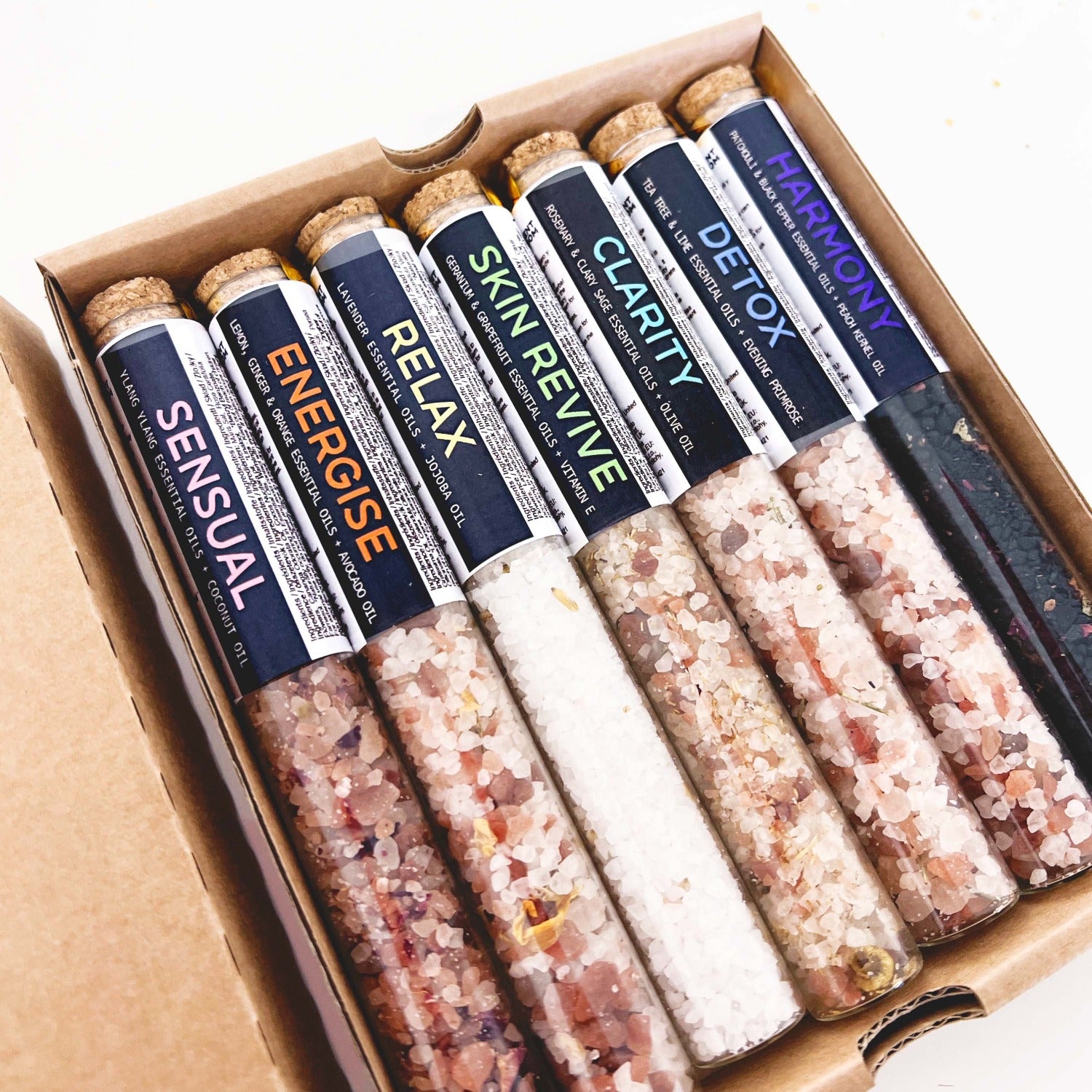 Bath Salts Christmas Gift set - with Sensual, Relax, Harmonise, Energise, Detox, Clarity + Skin Revive Blends