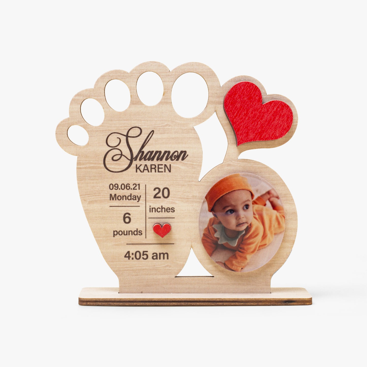 Personalised Wooden baby milestone plaque with heart details and photo of a baby