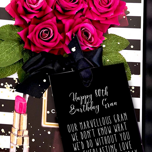 Black 80th birthday card for grandma  with luxury handmade pink roses and lipstick on a decorative background