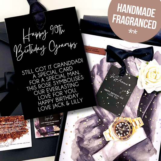 Luxury 90th Birthday Greeting card For Granddad with personalized message, watch, and floral arrangement on a white background