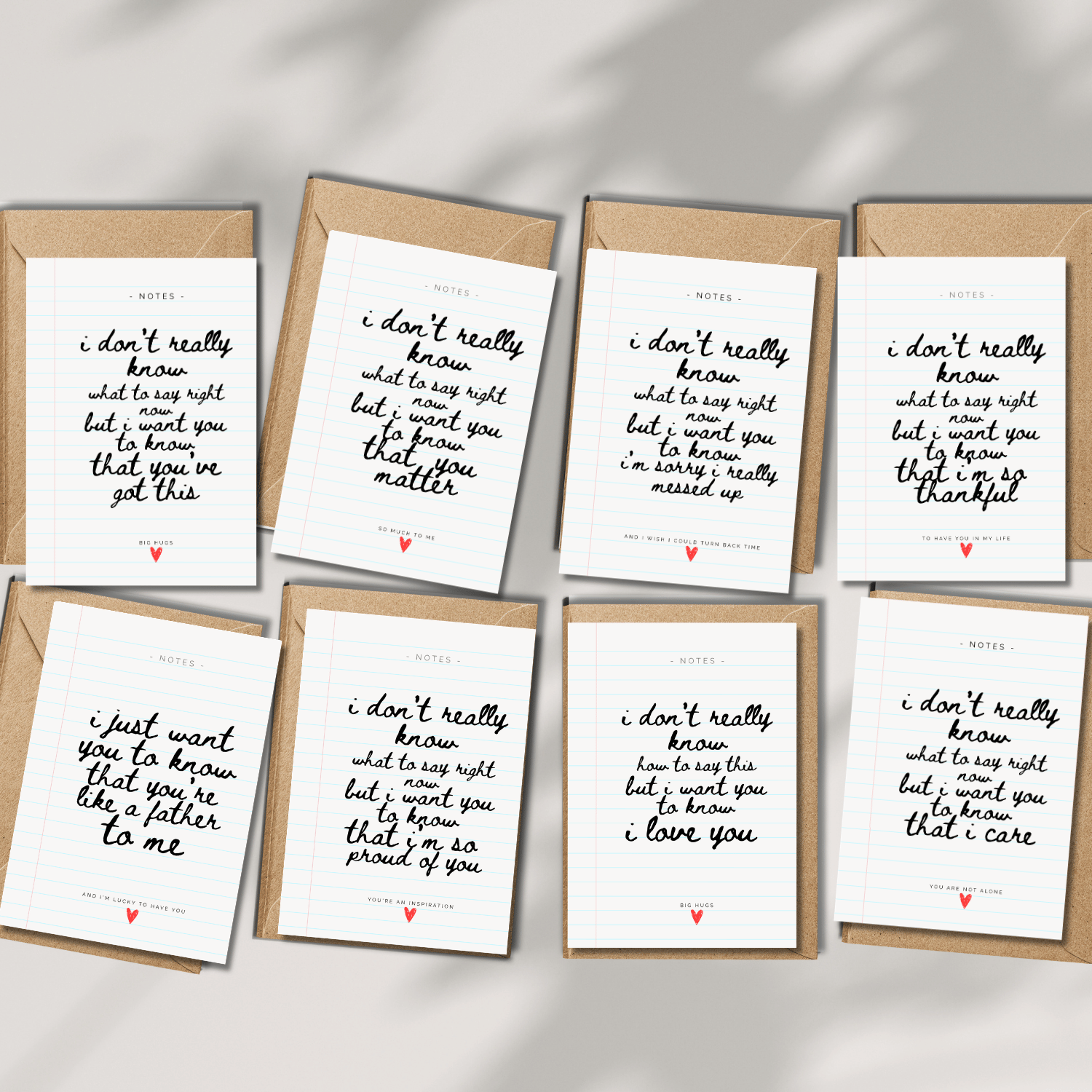 A collection of paper notes with powerful words, for when you can’t quite find the words to say for a birthday, sympathy, thank you, good luck, get well, thinking of you, sympathy. This range is small yet mighty! Set of cards with printed quotes on a notebook lined print with red love heart. Cards come with kraft envelope.