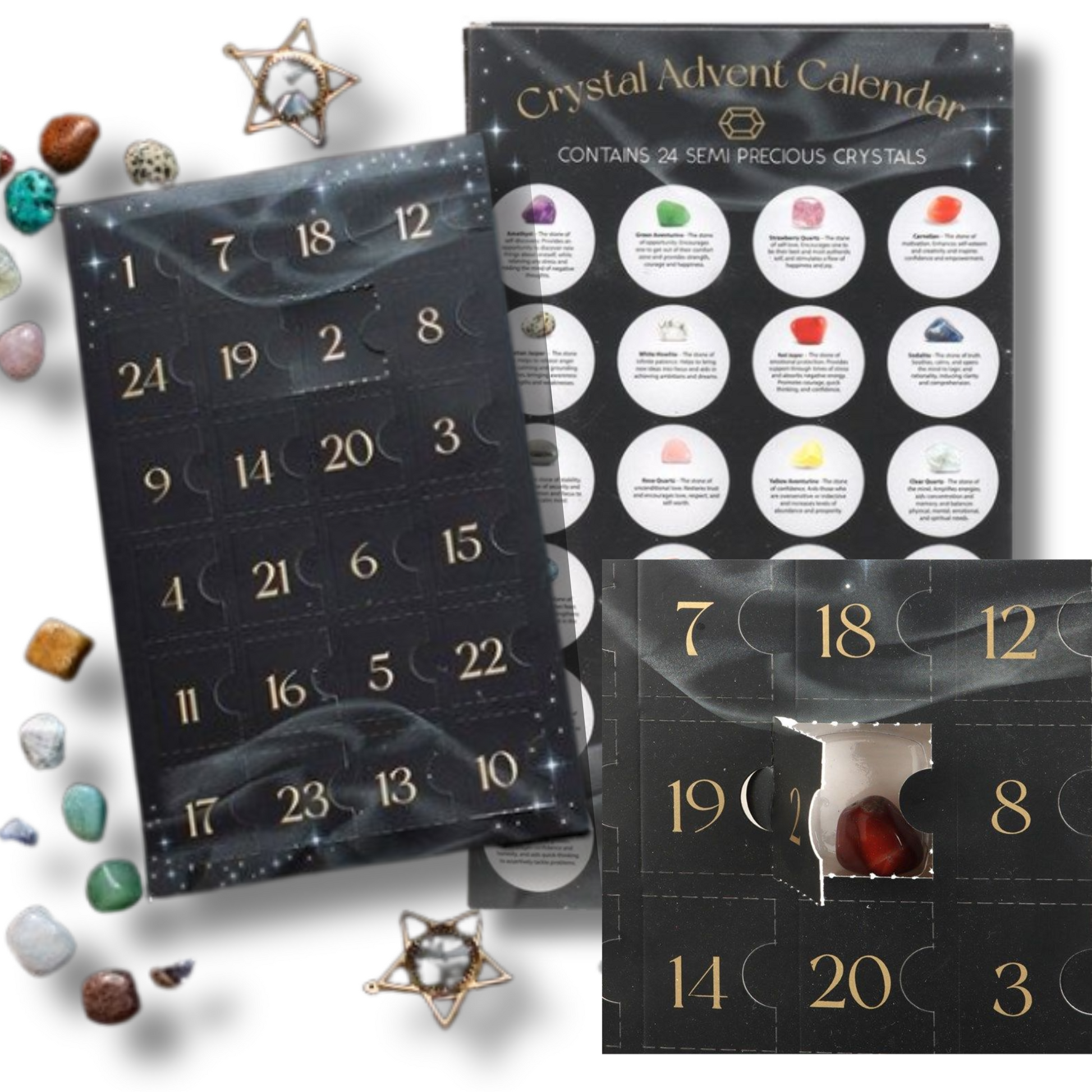 Crystal advent calendar with numbered doors and gemstones on a white background