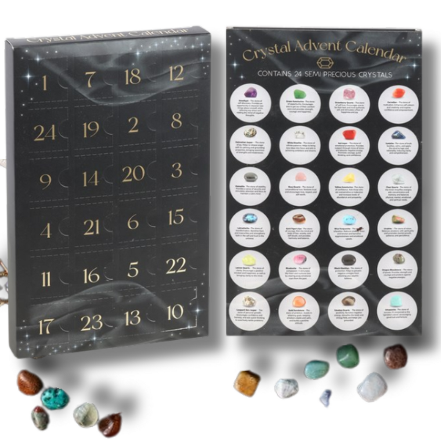 Unique and unusual Crystal advent calendar with 24 numbered days doors and a genuine crystal behind each day. Perfect for crystal collectors
