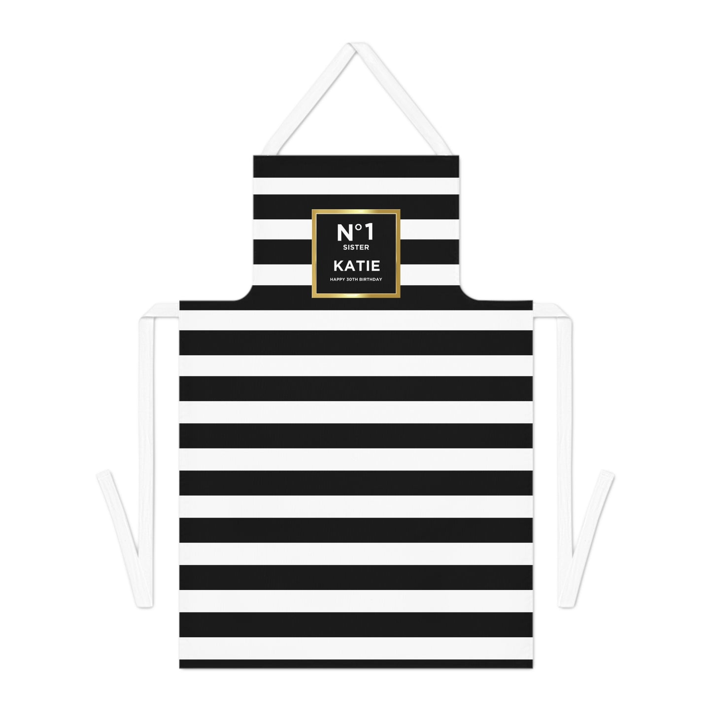 Panache Black & White Stripe Personalised Apron - A Black and white striped apron with a gold label on a white background