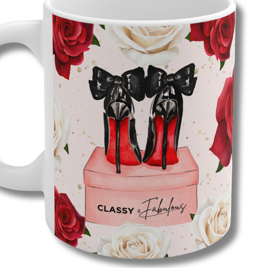 Mug with high heels and roses design, featuring the text 'Classy & Fabulous'.