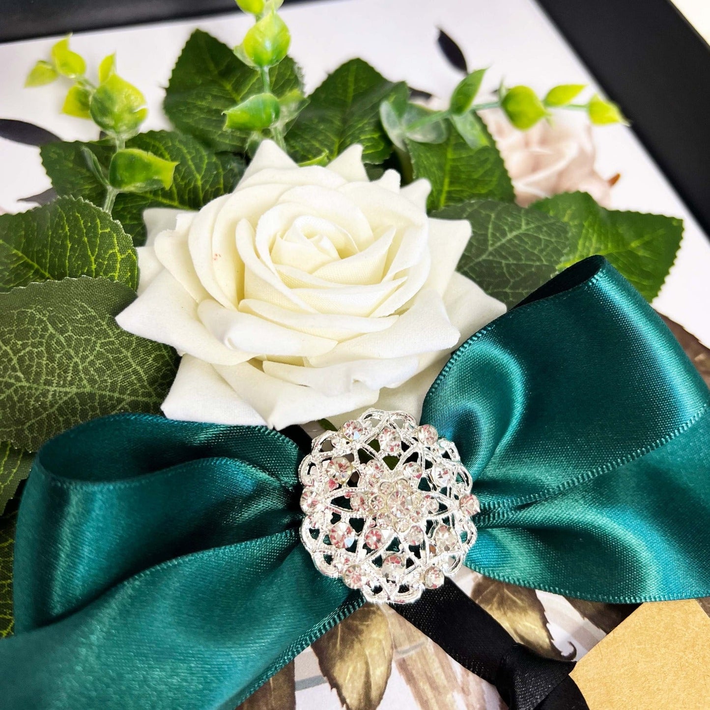 Opulence Luxury Sparkly Cards handmade with ivory roses, emerald green ribbons and silk foliage to symbolise everlasting love for Birthdays, weddings, emerald anniversaries, 55th wedding anniversary, engagements and more