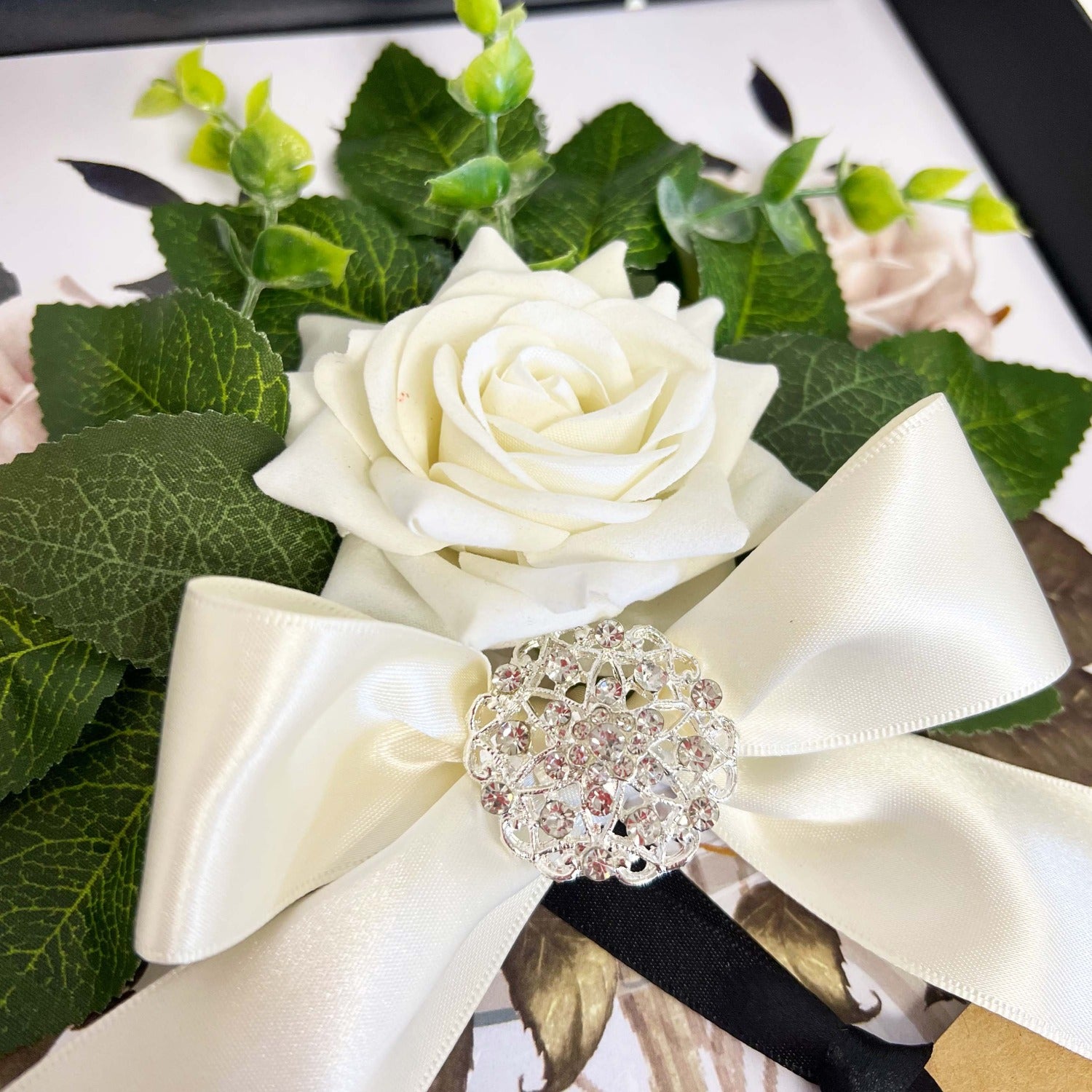 A Personalised Opulent Wedding Gift boxed card: Handmade with velvet rose Satin Sash and sparkly brooch. These Opulence Bloom wedding gift boxed cards come designed with 100% personalisation and scented flower