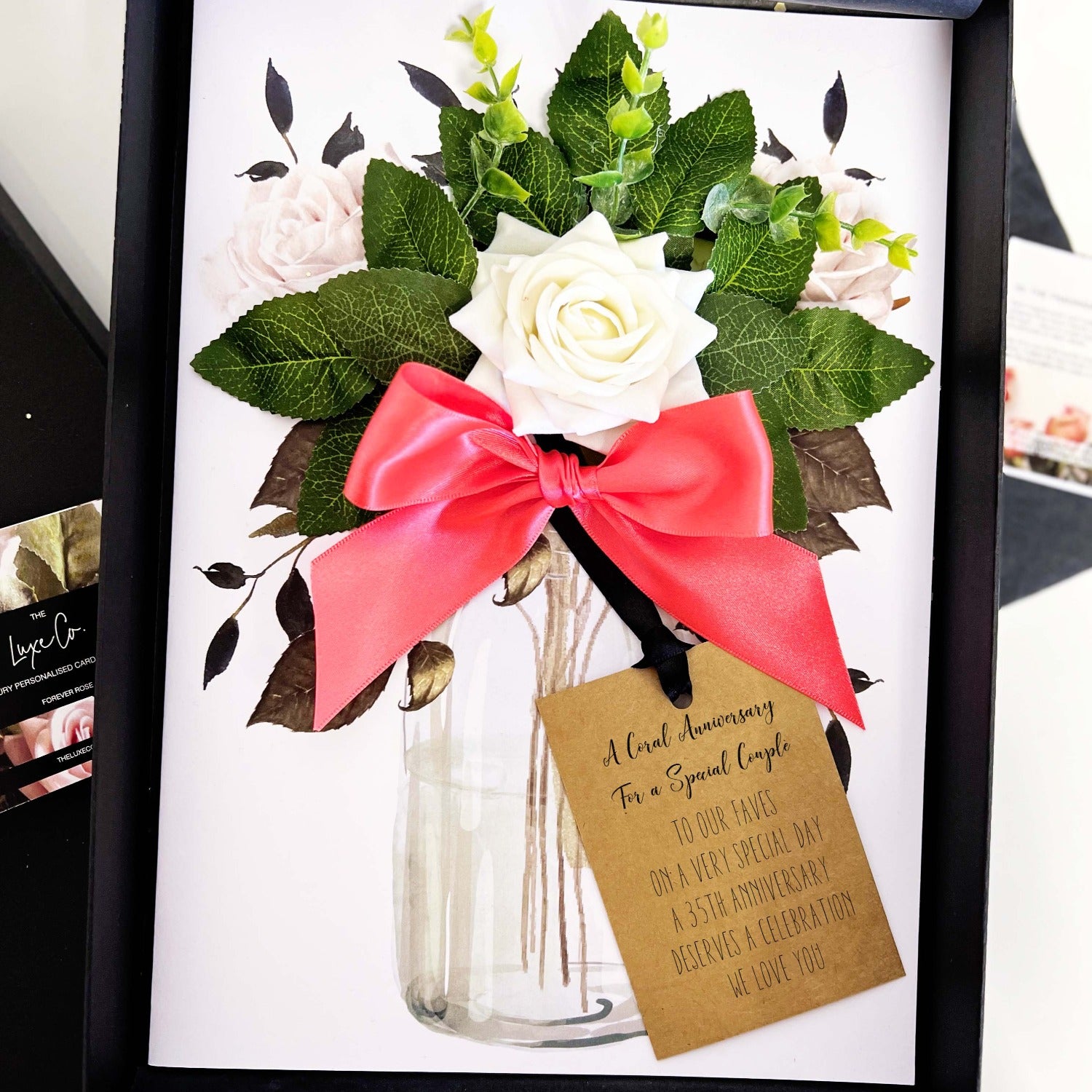 Personalised 35th luxury scented handmade ivory velvet rose wedding anniversary cards and silky coral ribbon for 35th Coral anniversary