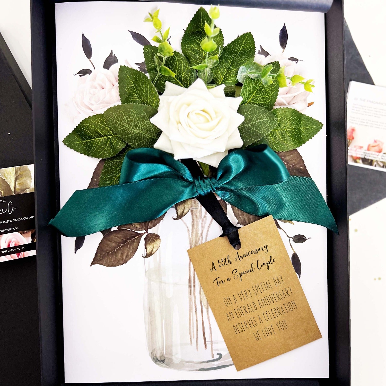 Personalised 55th luxury scented handmade ivory velvet rose wedding anniversary cards and silky emerald ribbon for 55th Emerald anniversary