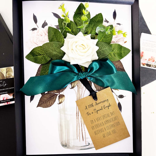 Personalised 55th luxury scented handmade ivory velvet rose wedding anniversary cards and silky emerald ribbon for 55th Emerald anniversary