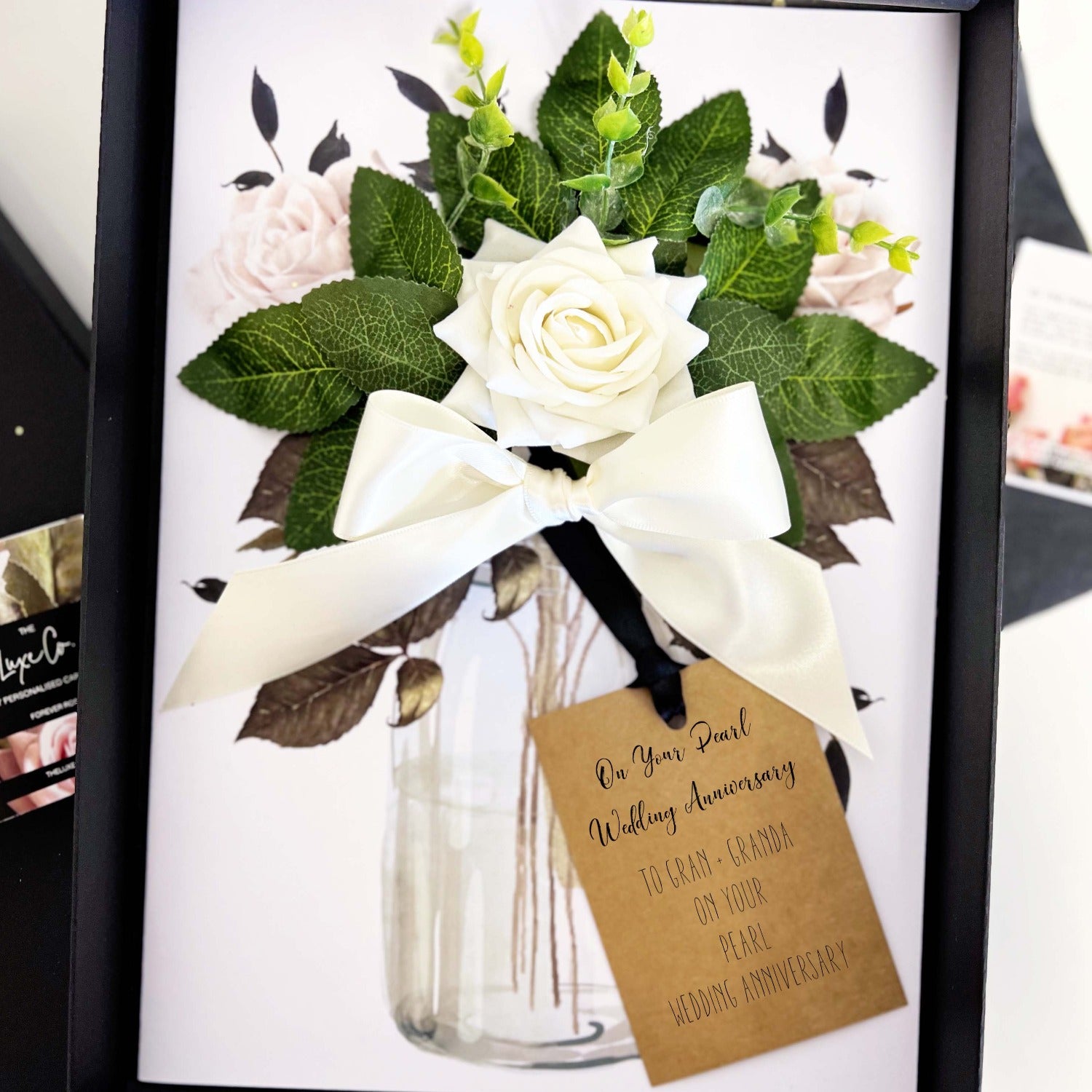 Personalised luxury scented ivory velvet rose wedding anniversary cards for a Pearl celebration