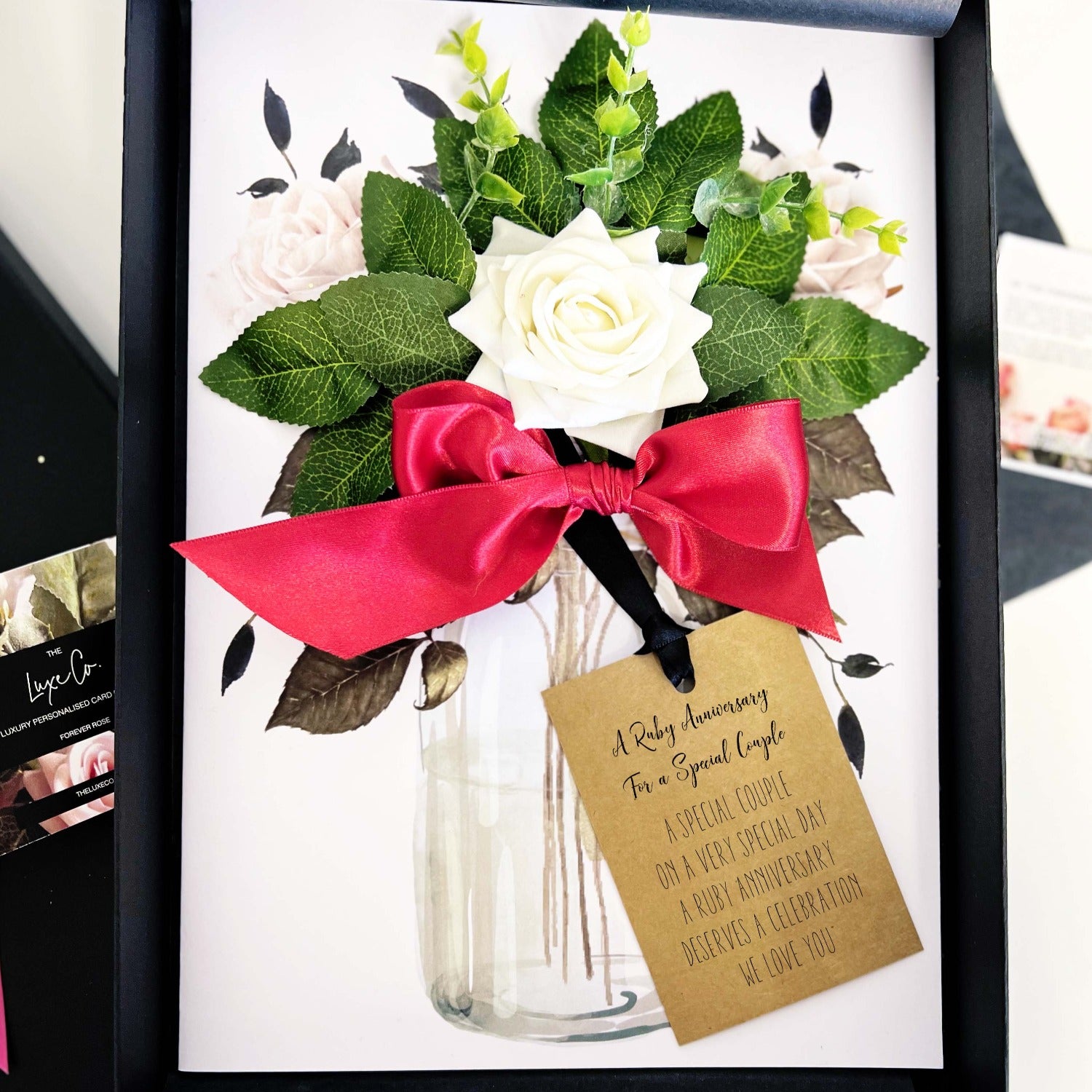 Personalised 40th luxury scented handmade ivory velvet rose wedding anniversary cards and silky ruby ribbon for 40th Ruby anniversary
