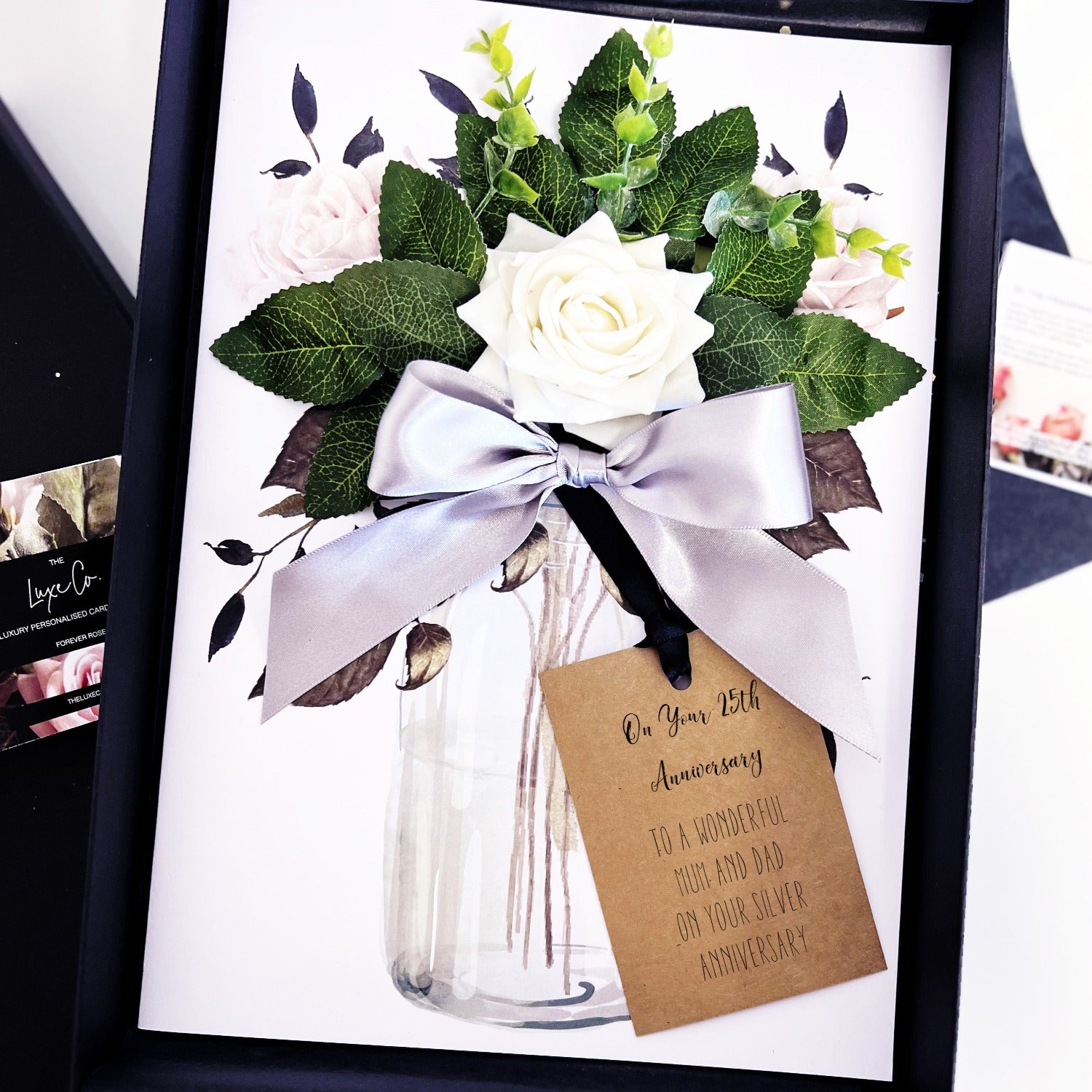 Luxury Silver Anniversary card - ivory rose scented in box with silver ribbon for 25th wedding anniversary