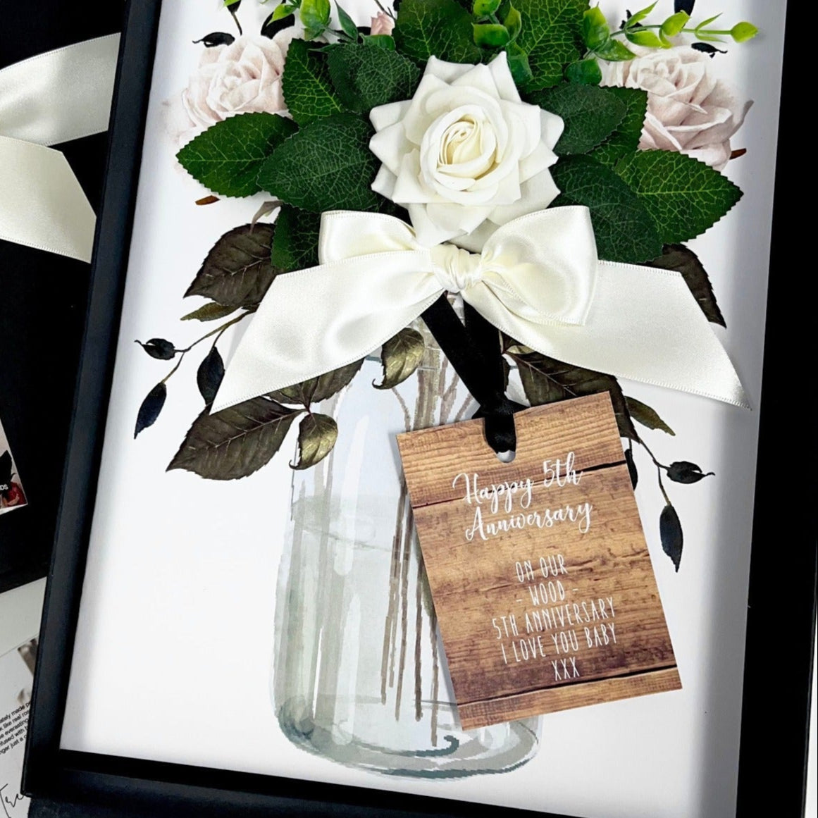 Luxury wood anniversary milestone gift - scented ivory rose and wood tag card gift boxed