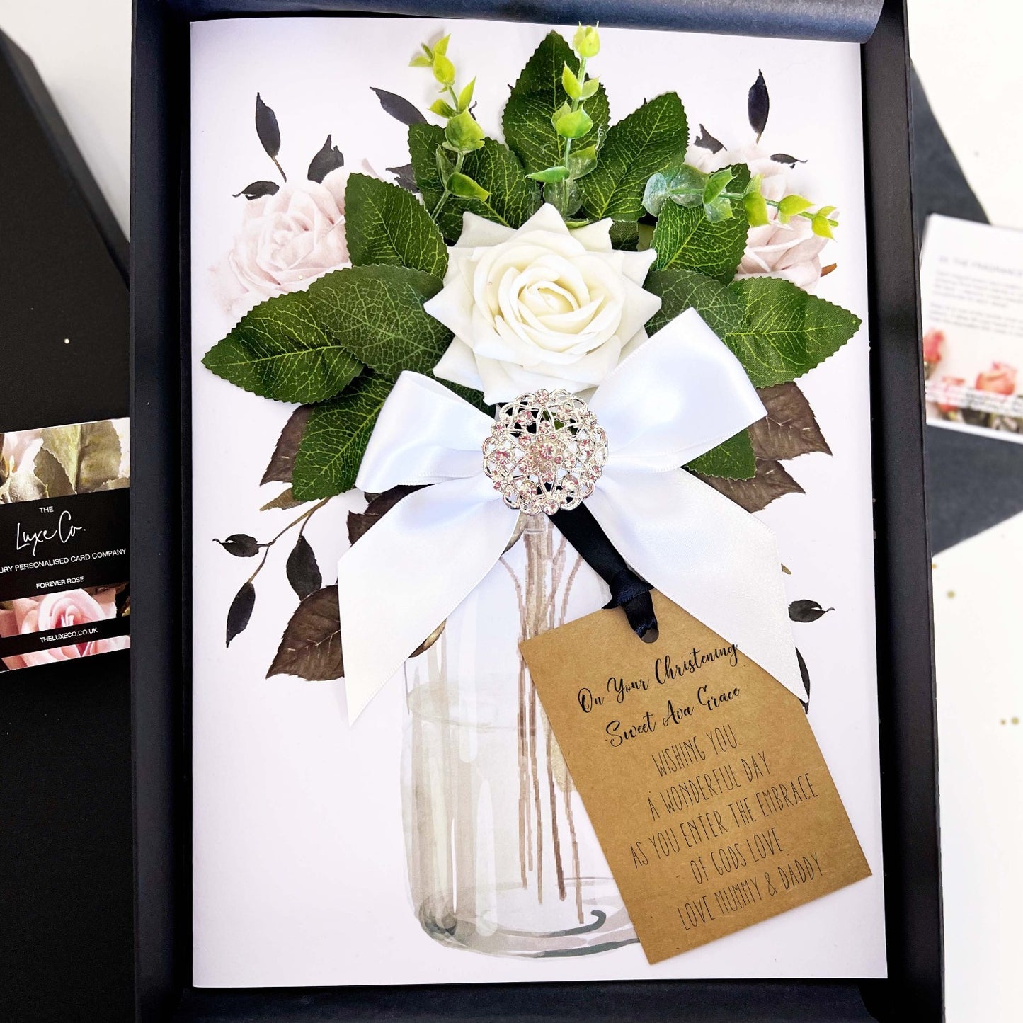 Luxury Christening cards that sparkle handmade with luxury satin, everlasting rose and diamantes