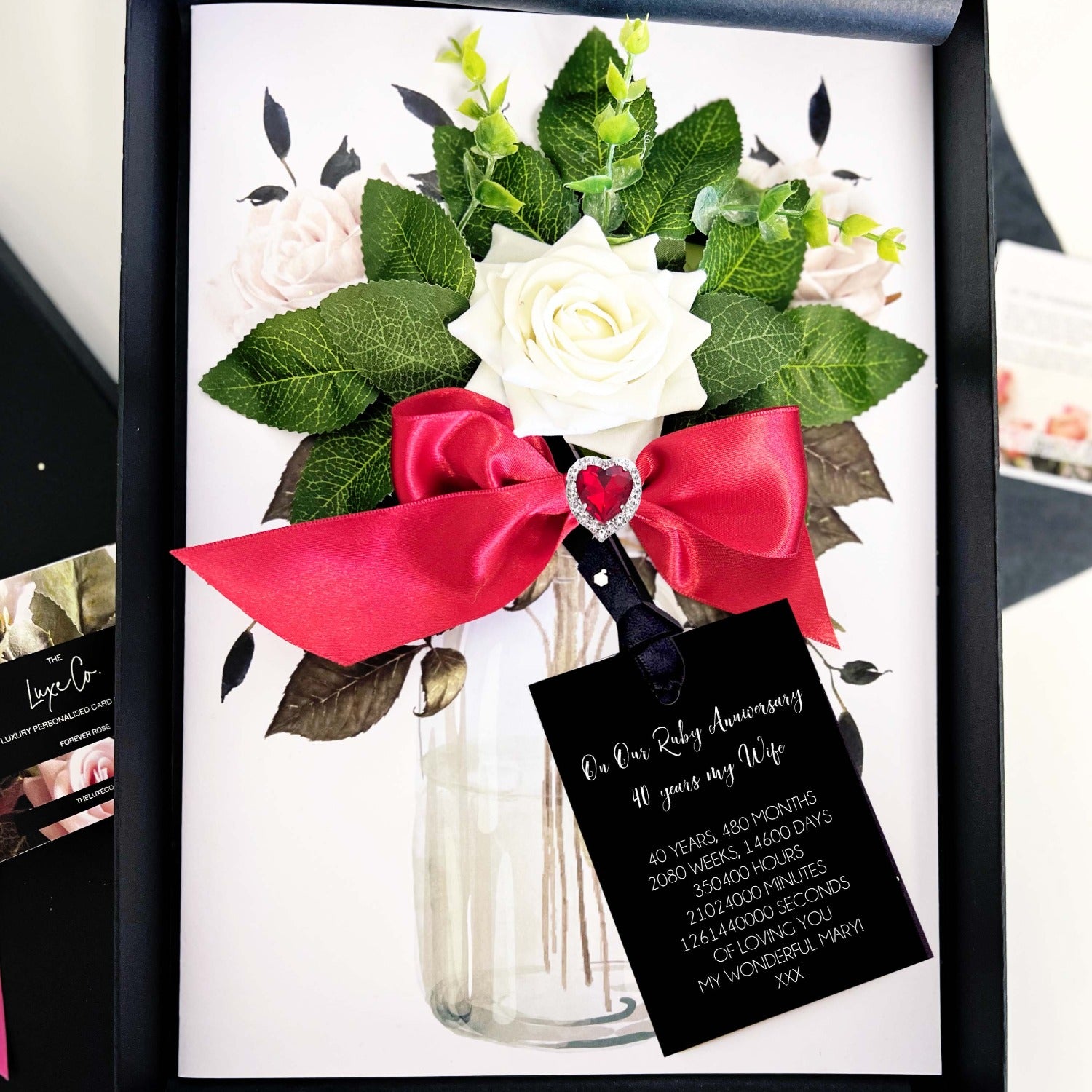 Handmade Scented Luxury Rose card with Crystal Ruby Gemstone Heart for the 40th Anniversary
