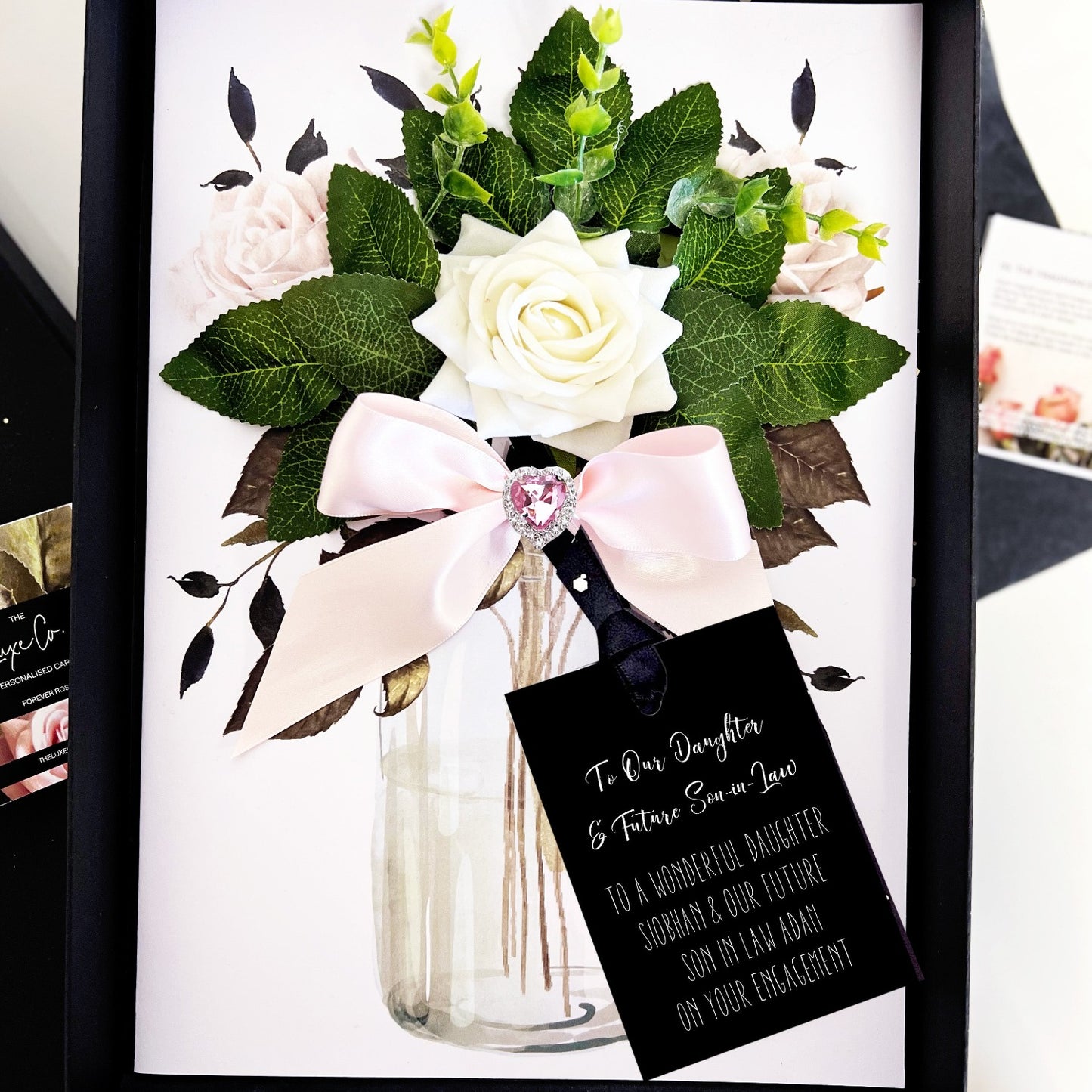 Personalised luxury handmade scented engagement card with sparkly heart and everlasting rose that doesn't die to symbolise everlasting love