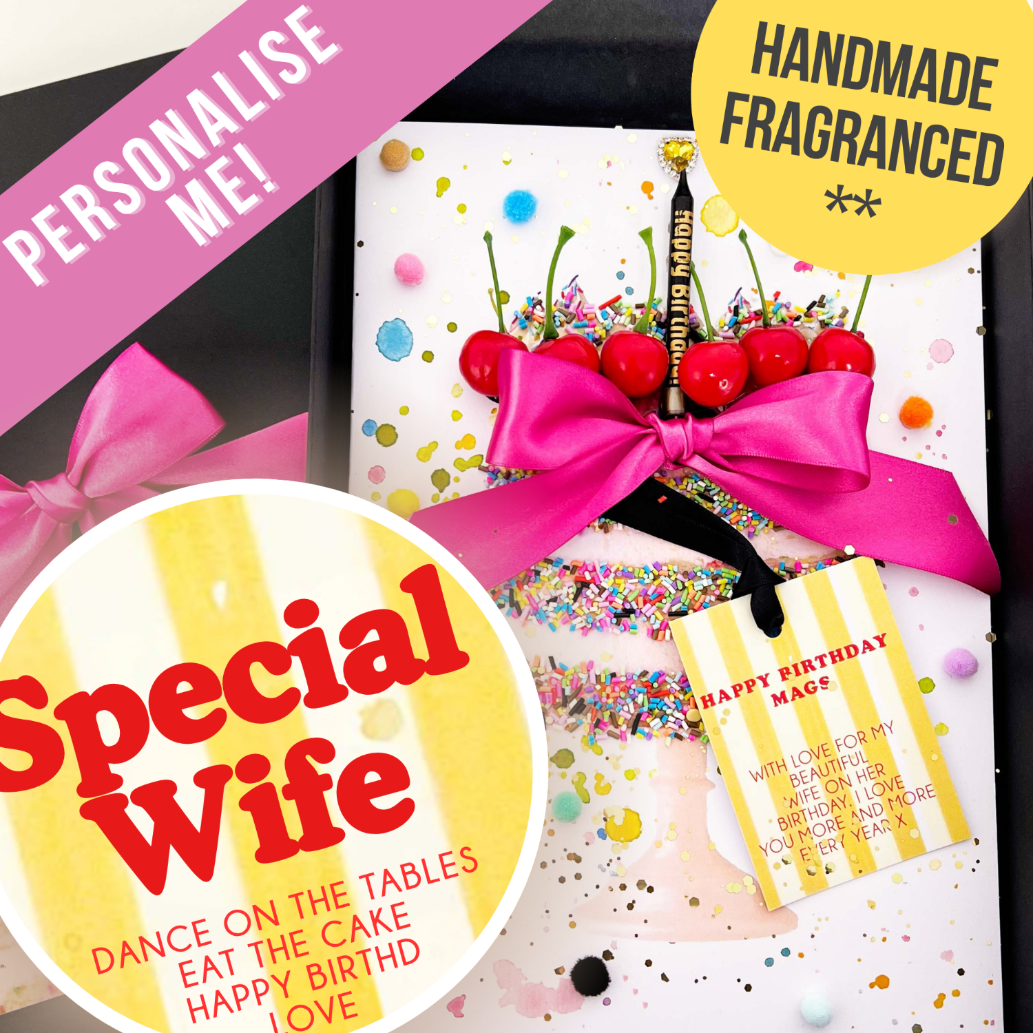 Special Wife Luxury Cake Birthday Card handmade Decorative gift with pink bow, confetti, and personalized text on a black background