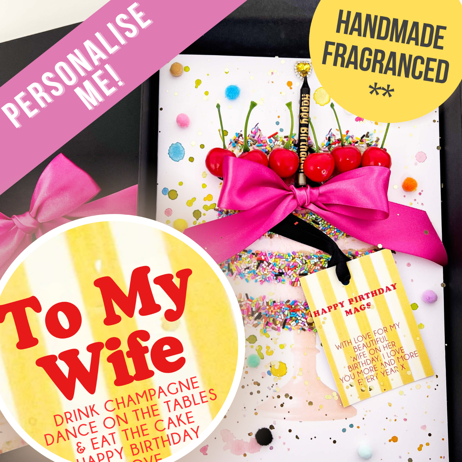 Luxury Wife Birthday Gift with colorful design, pink bow, and text 'To My Wife' on a black background