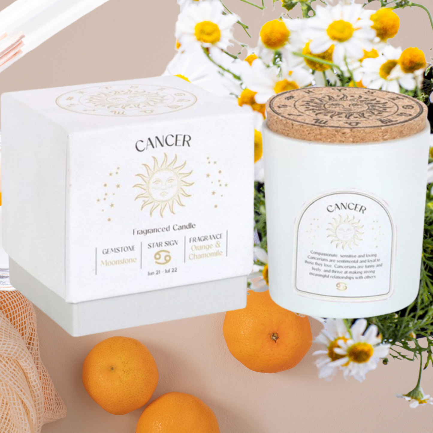 A white cancer 80th birthday candle, each with a matching box, representing different star signs of the zodiac.