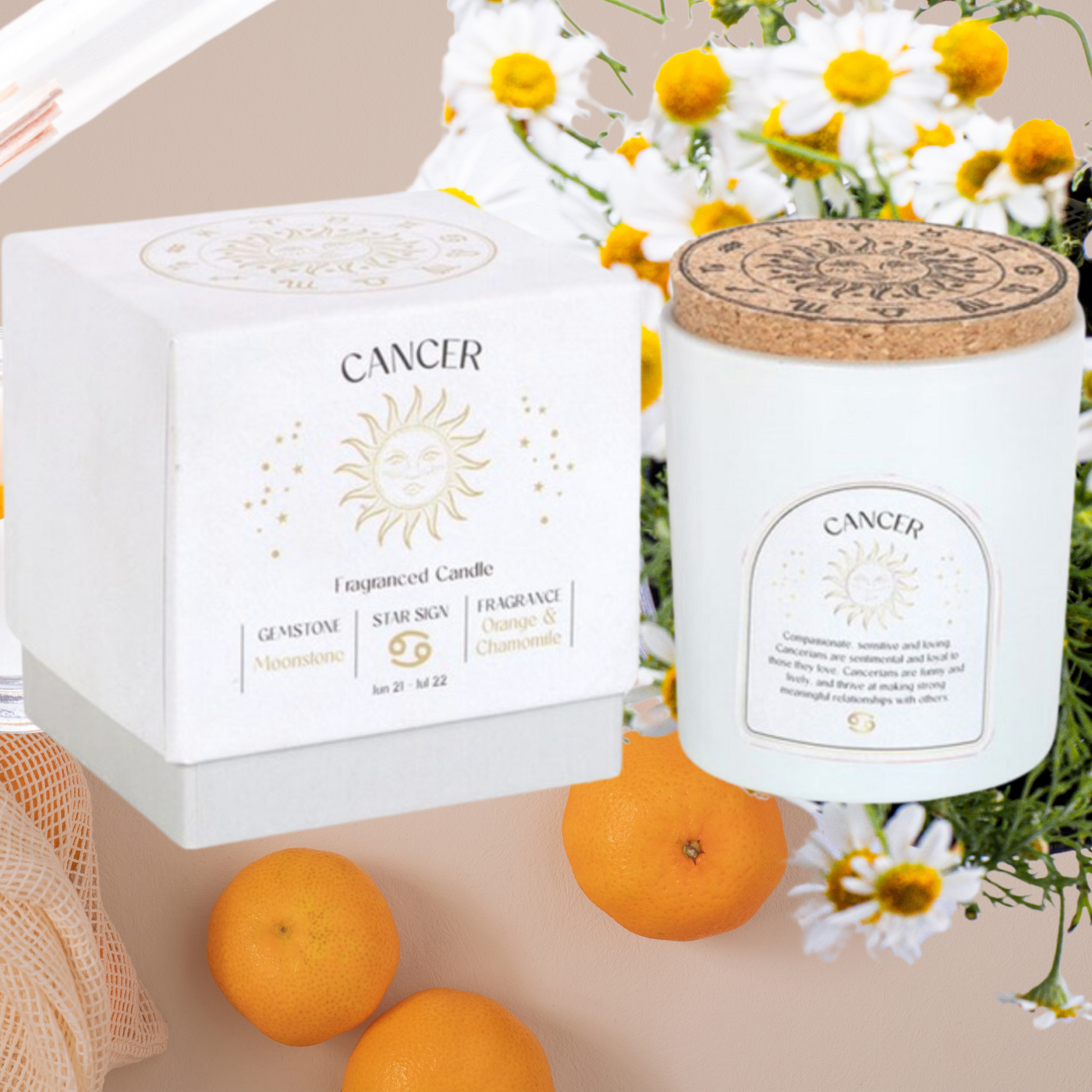 A white cancer 80th birthday candle, each with a matching box, representing different star signs of the zodiac.
