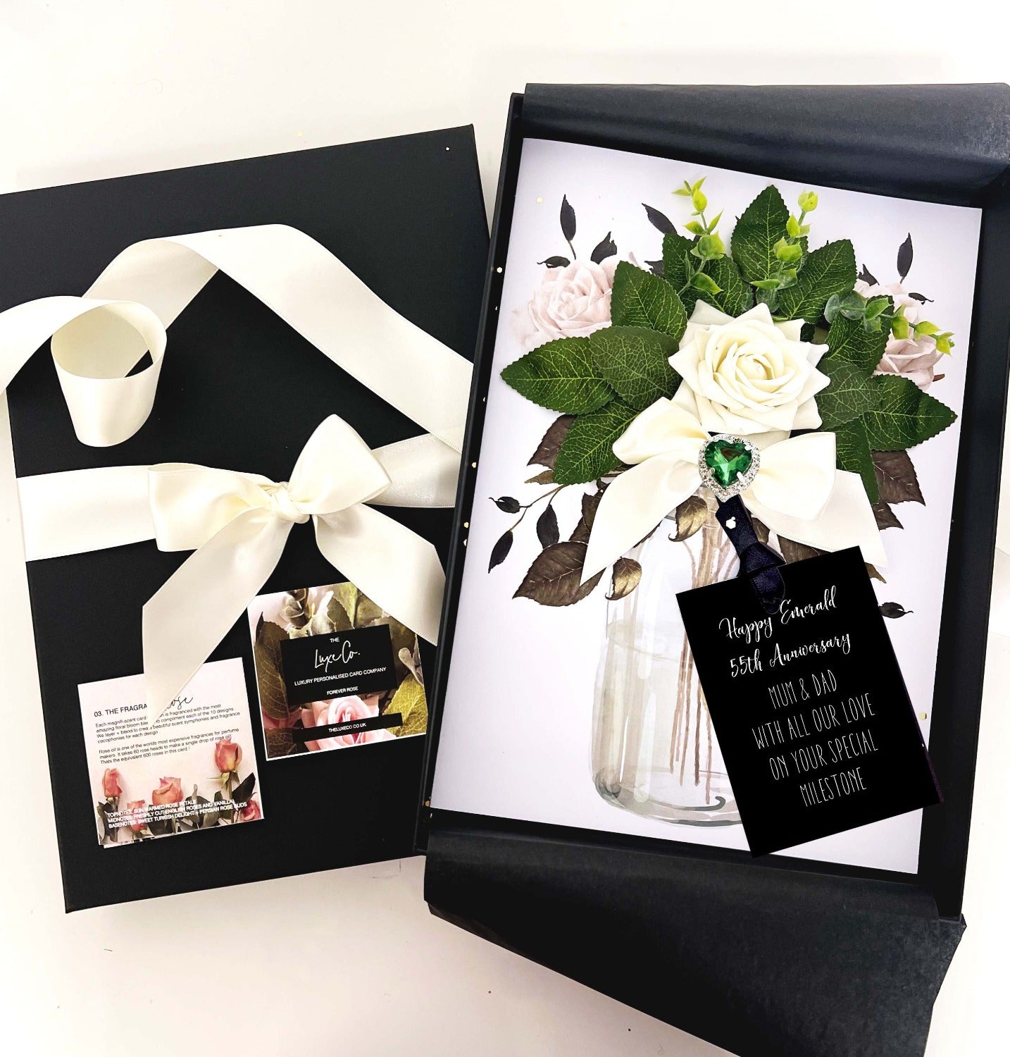 Mum and Dad 55th Gorgeous Emerald green 55th anniversary acrd gift boxed with silky emerald ribbon. A card that's like a gift by The Luxe Co