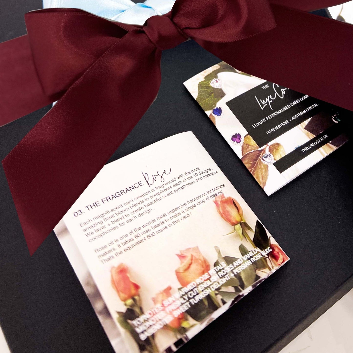 Scented rose birthday cards with garnet crystal and burgundy ribbon