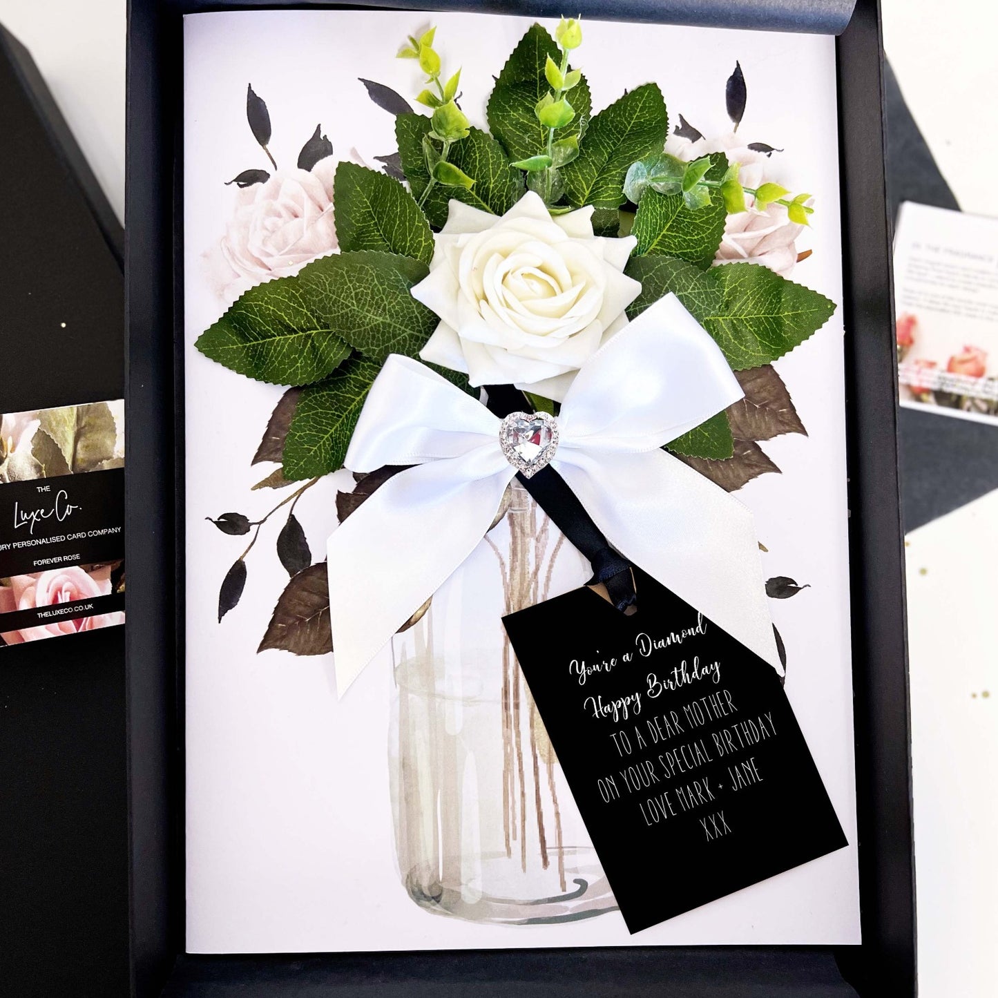 Luxury Diamond Anniversary cards with diamond heart and white ribbon