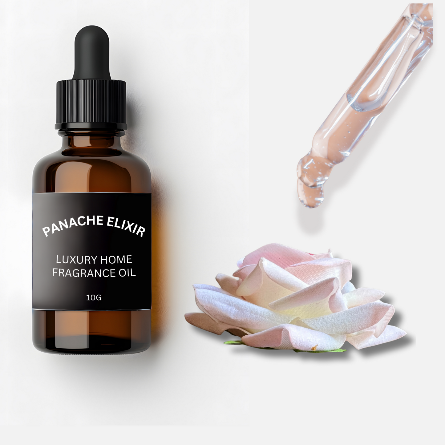 Panache Elixir luxury home fragrance oil bottle with a dropper next to a white rose on a light gray background.