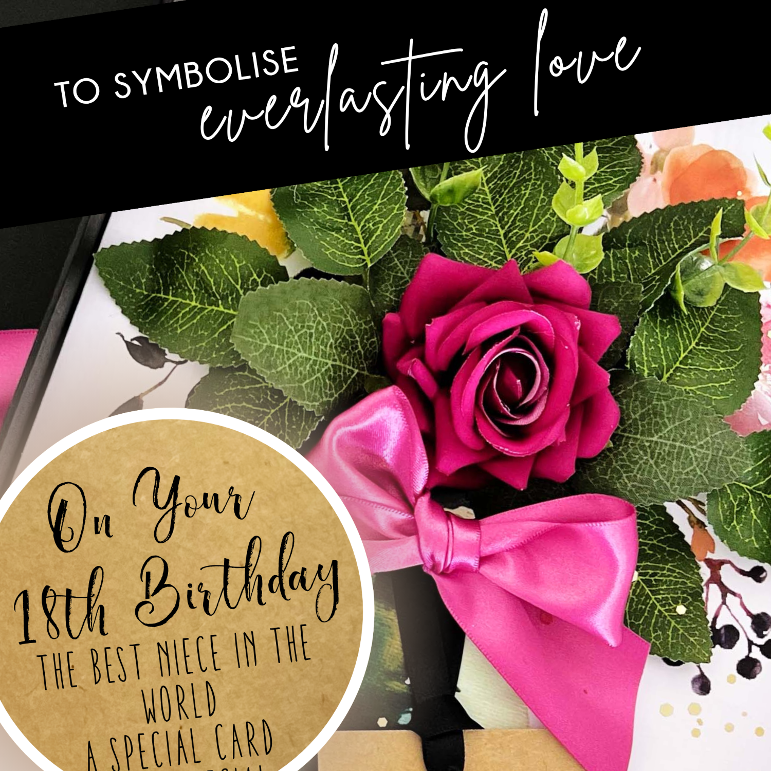 Luxury 18th birthday Greeting card with pink rose and green leaves, featuring a personalized message.