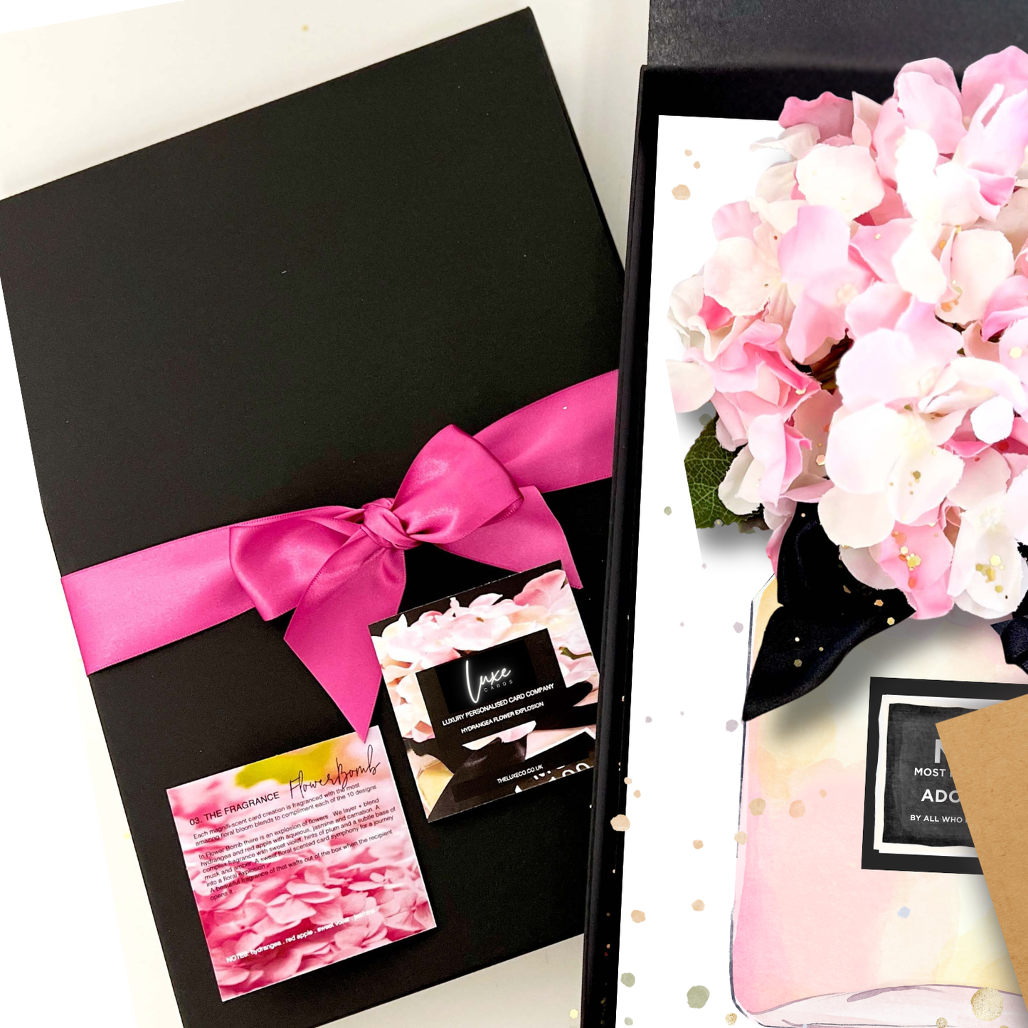 Luxury Boxed Cards with satin ribbon bow to house the handmade hydrangea cards