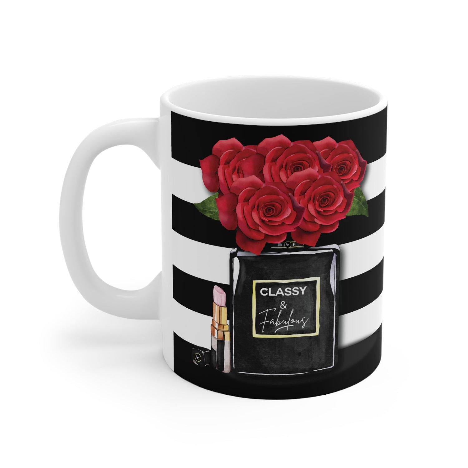 Mug with red roses and a black and white striped design featuring the text 'Classy & Fabulous'.