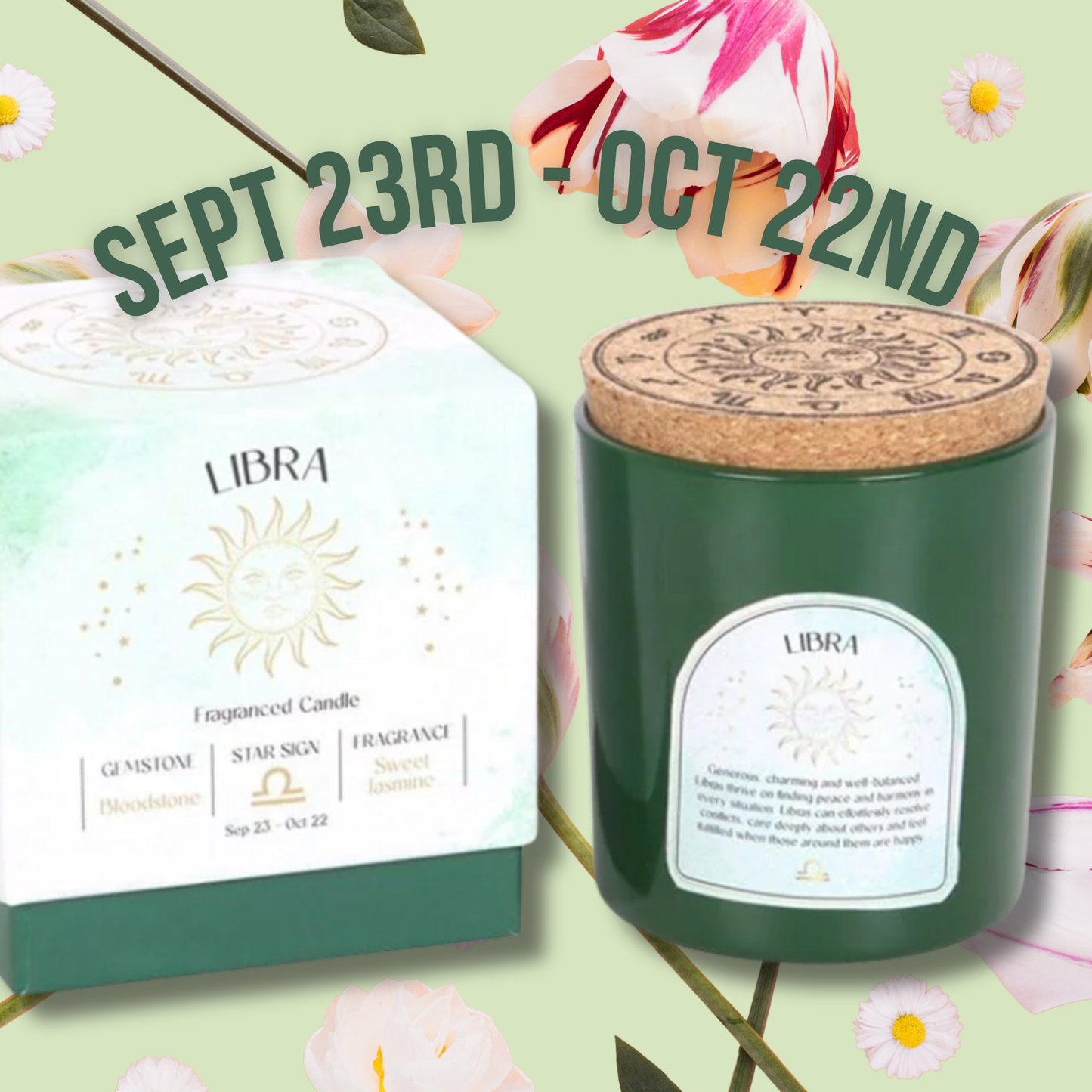 Libra 80th birthday candle and packaging on a floral background with dates displayed