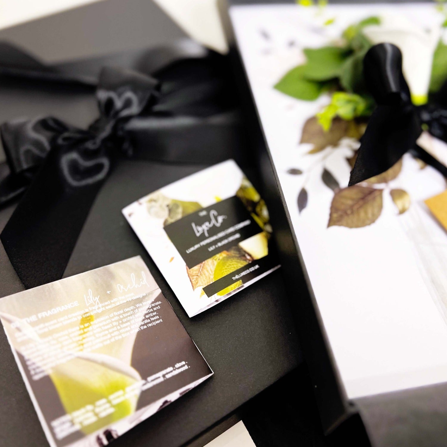Luxury funeral cards come with fragrance card showing details of fragrance used in the calla lily design