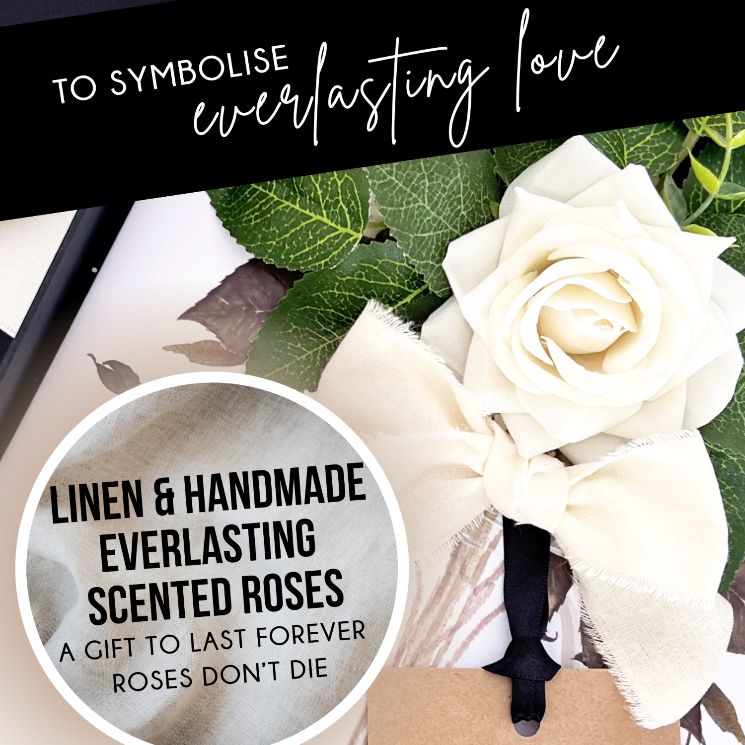 Linen Anniversary Cards handmade with an everlasting scented rose symbolizing everlasting love and cream linen ribbon. The perfect gift for the 4th anniversary / linen