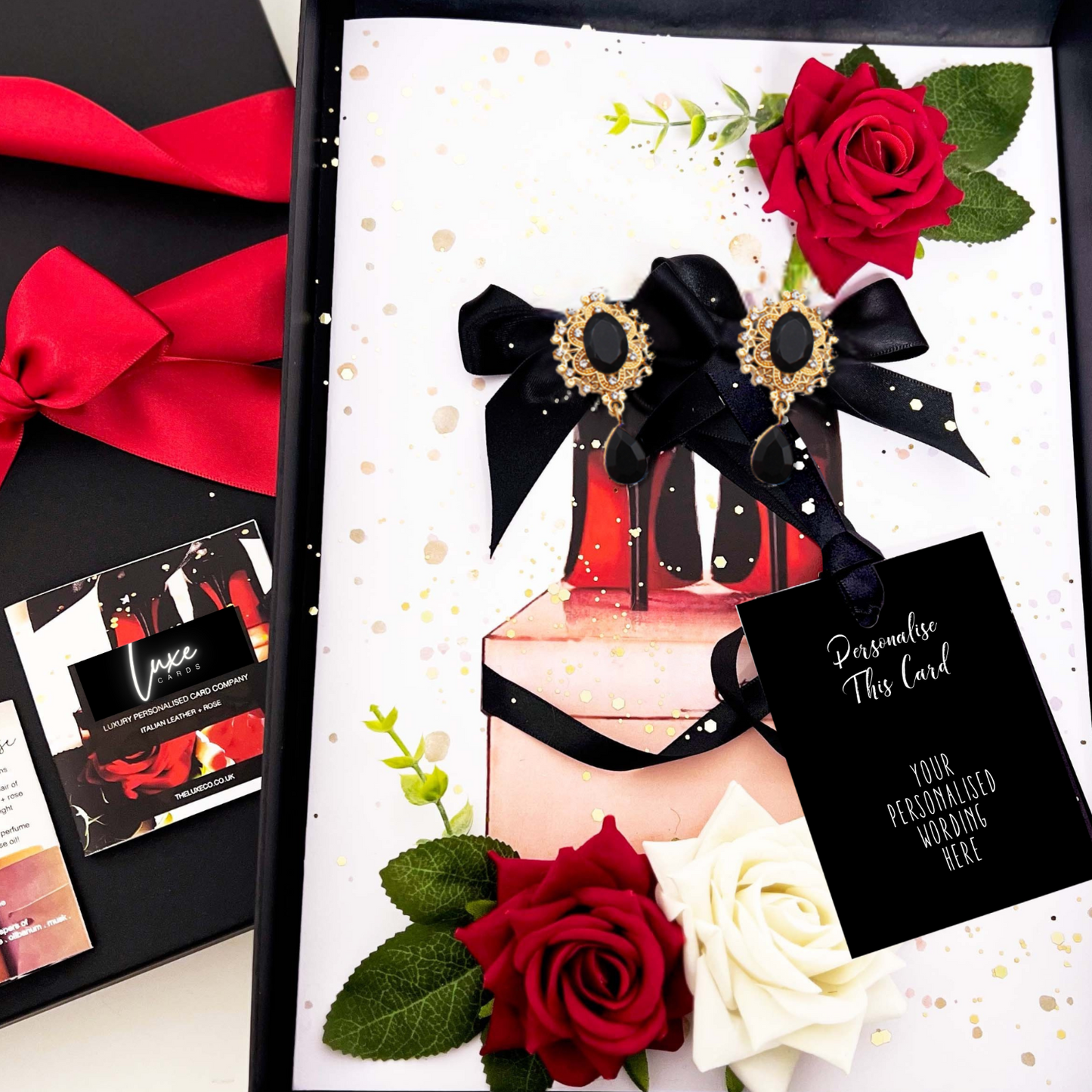 Luxury Scented Greeting card with black ribbon, crystals and red roses, accompanied by a gift box personalised with your own wording