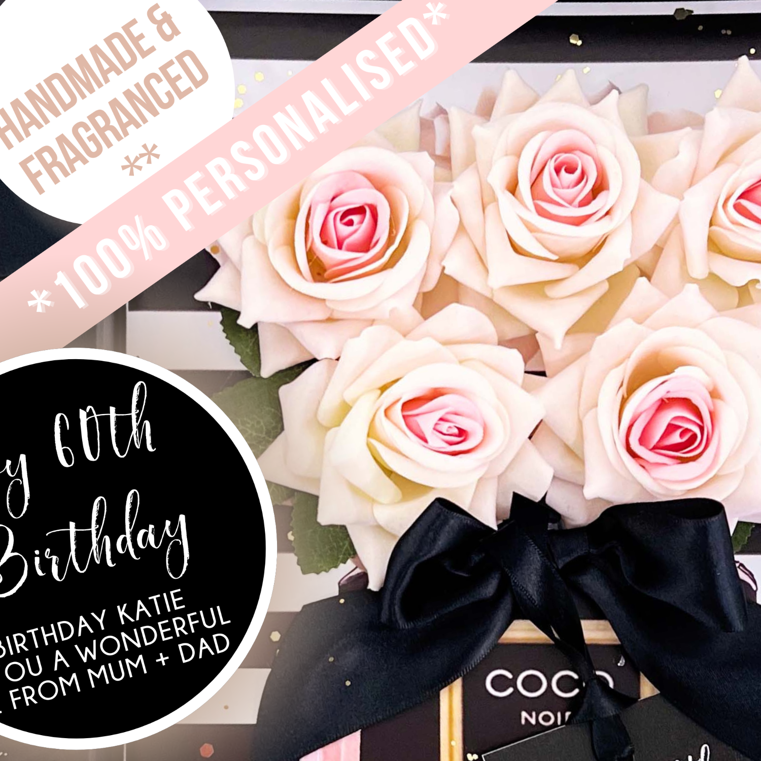 Personalized 60th birthday bouquet of pink card and white roses with a black bow, featuring text on a decorative background.