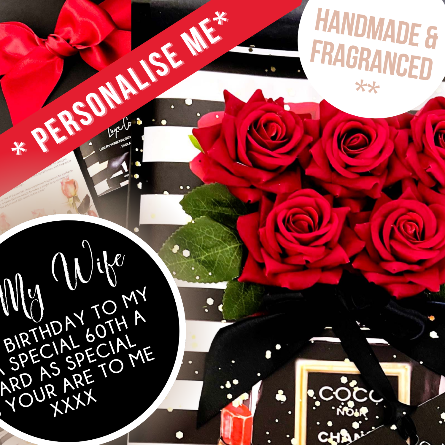 60th Birthday Bouquet of red roses card with a personalized message and Coco Noir perfume bottle.