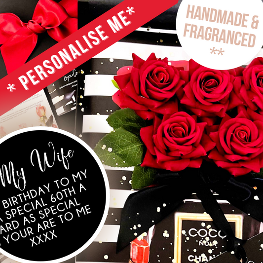 60th Birthday Bouquet of red roses card with a personalized message and Coco Noir perfume bottle.